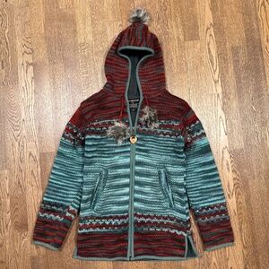 Lost Horizons Yoko Celadon Wool Pom Pom Full Zip Hooded Sweater Womens Small